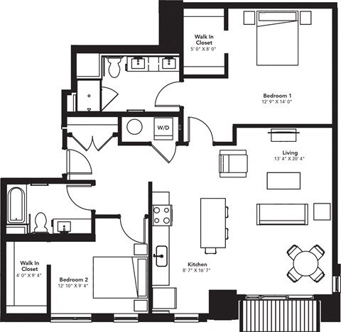 Floor plan for 2 beds, 2 baths, 1284 sqft